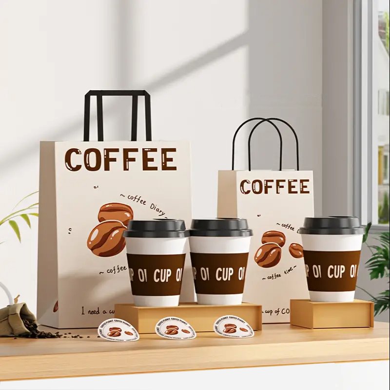 Environmentally friendly coffee set takeaway coffee cup carrier packaging coffee takeaway paper bag with handles