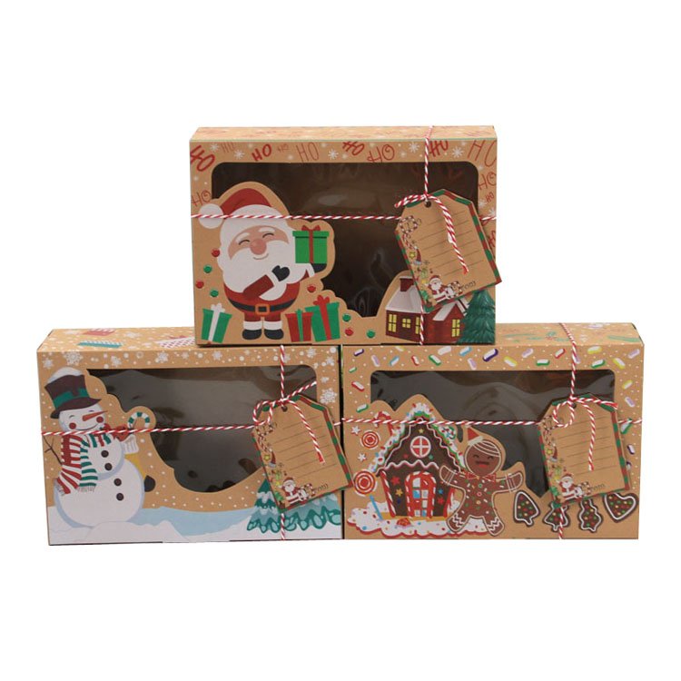 Christmas Bakery Cookie Boxes Gift Treat Candy Box with Ribbon with Window Kraft Paper Erecting Box