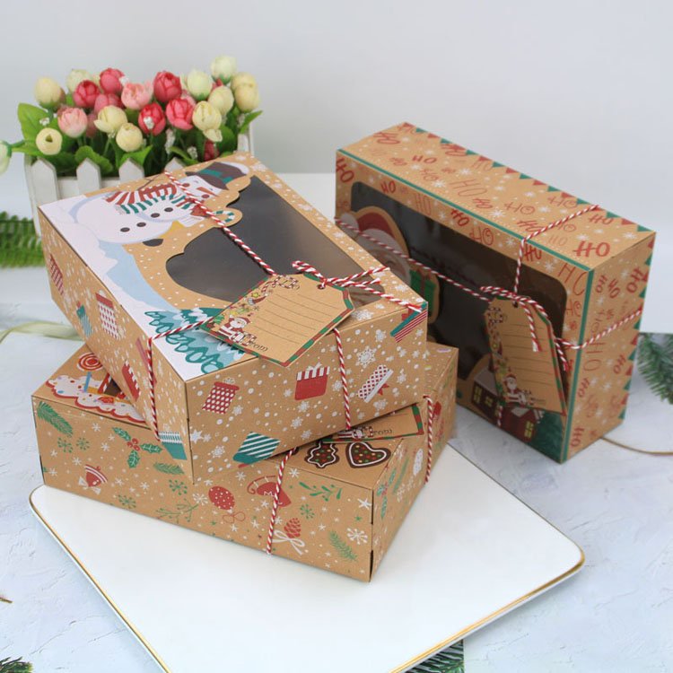 Christmas Bakery Cookie Boxes Gift Treat Candy Box with Ribbon with Window Kraft Paper Erecting Box