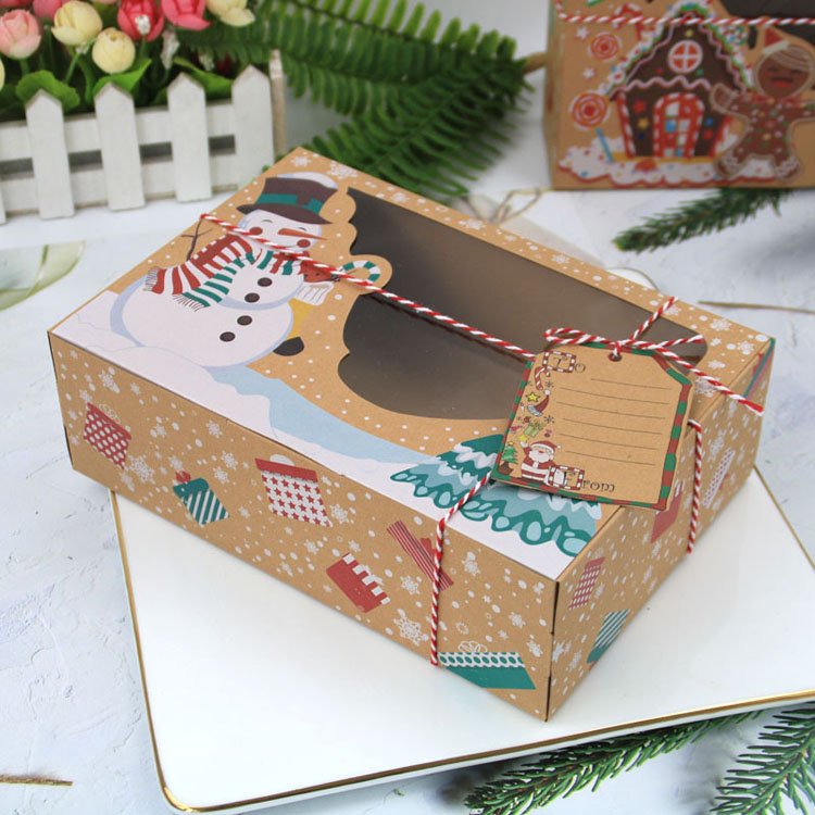 Christmas Bakery Cookie Boxes Gift Treat Candy Box with Ribbon with Window Kraft Paper Erecting Box