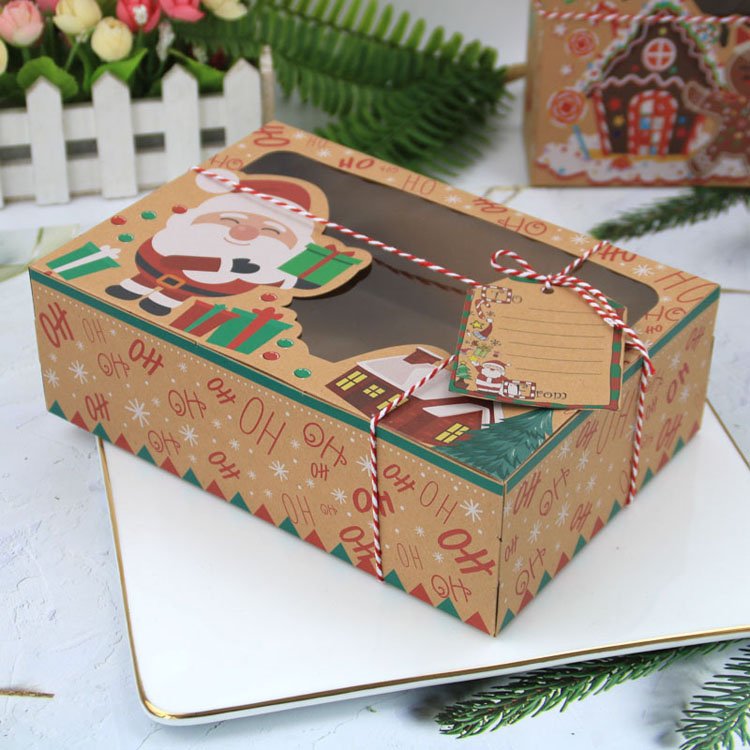 Christmas Bakery Cookie Boxes Gift Treat Candy Box with Ribbon with Window Kraft Paper Erecting Box