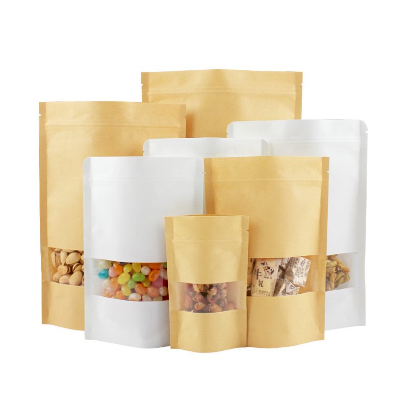 Biodegradable recycled customized stand up pouches dry food packaging brown kraft paper bags with translucent window