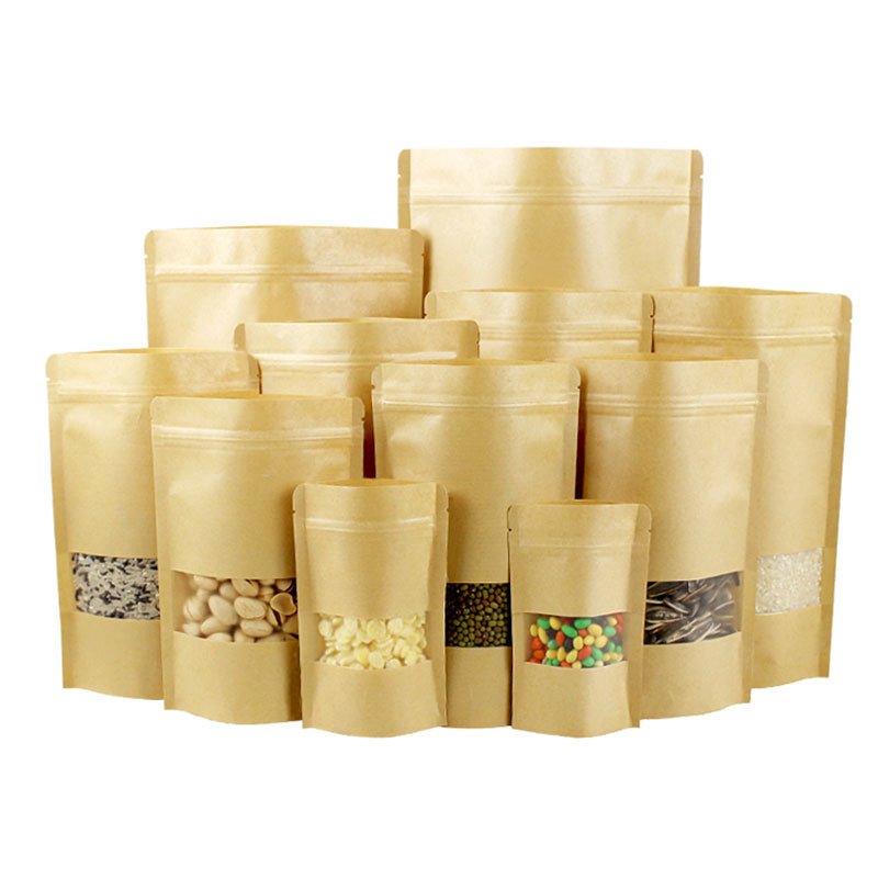 Biodegradable recycled customized stand up pouches dry food packaging brown kraft paper bags with translucent window