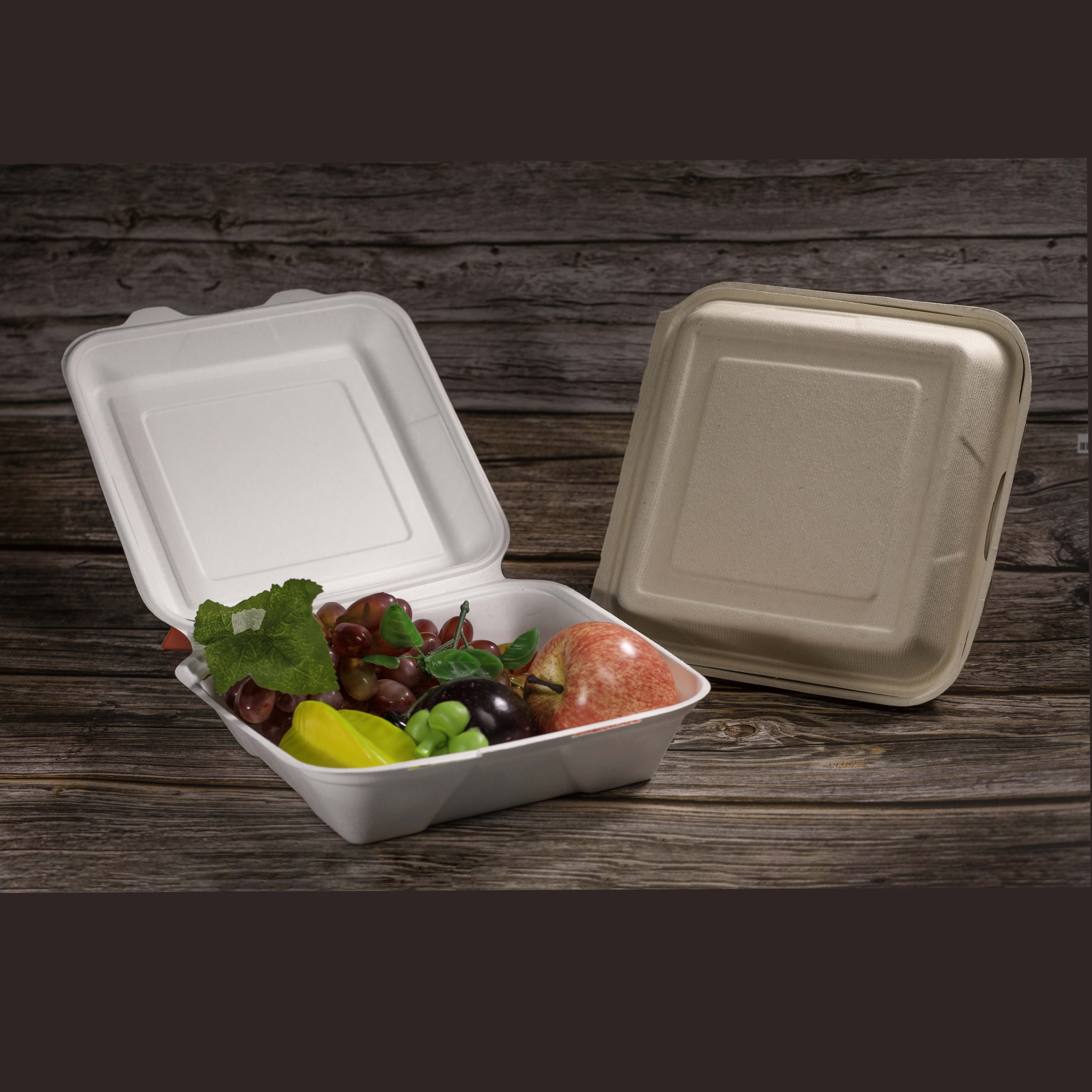 6 inch Eco food packaging biodegradable clamshell take away paper boxes compostable disposable sugarcane bagasse burger box