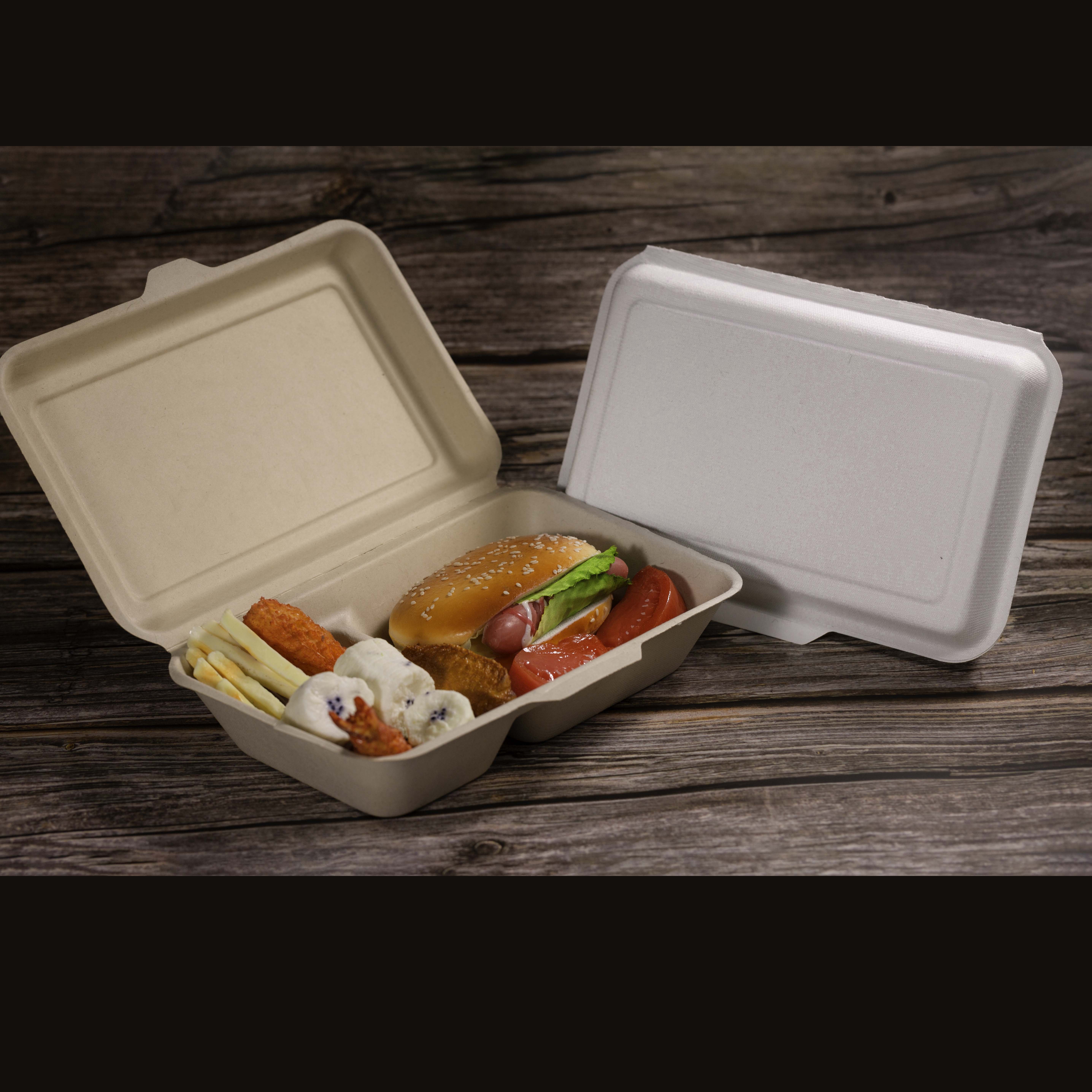 6 inch Eco food packaging biodegradable clamshell take away paper boxes compostable disposable sugarcane bagasse burger box