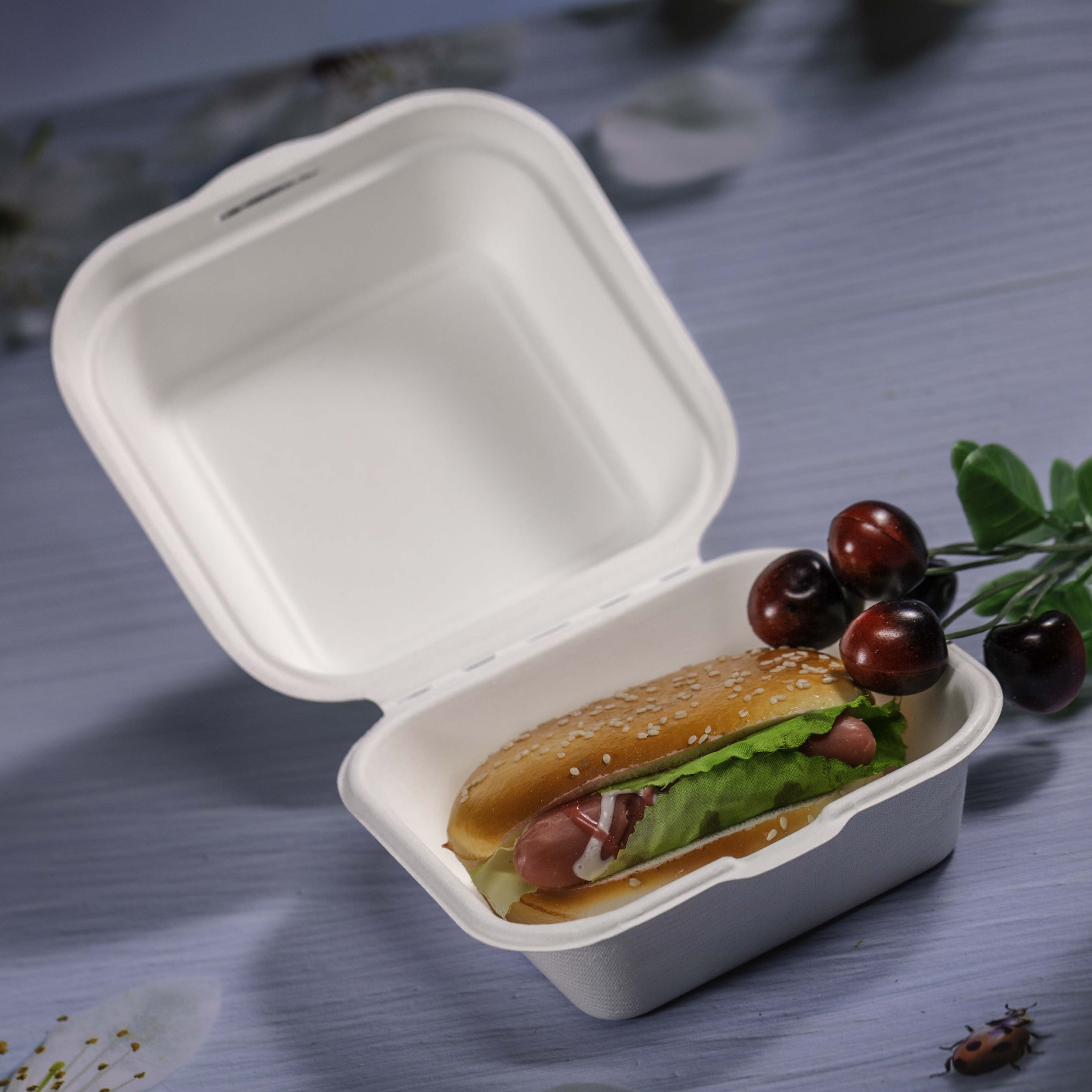 6 inch Eco food packaging biodegradable clamshell take away paper boxes compostable disposable sugarcane bagasse burger box