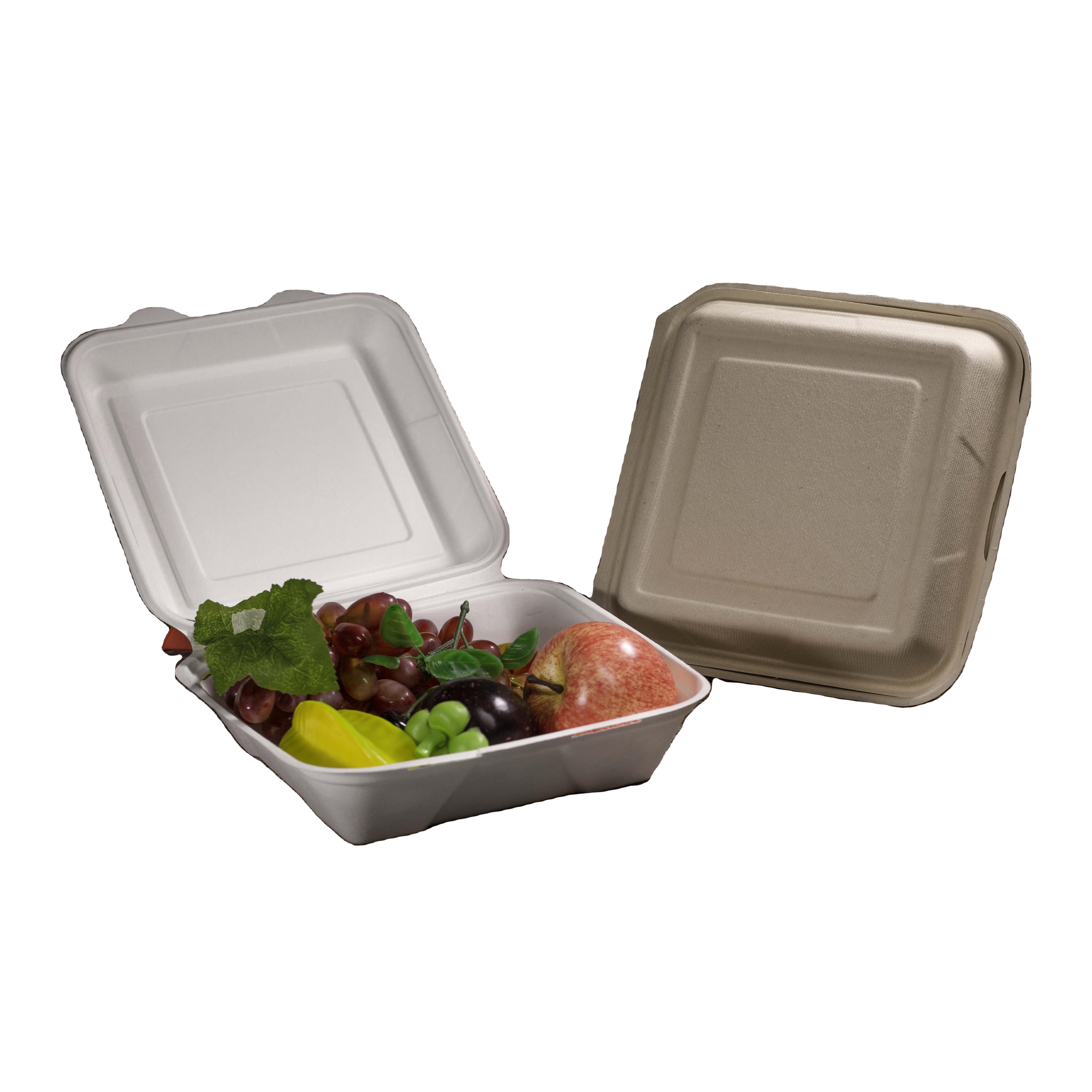 6 inch Eco food packaging biodegradable clamshell take away paper boxes compostable disposable sugarcane bagasse burger box