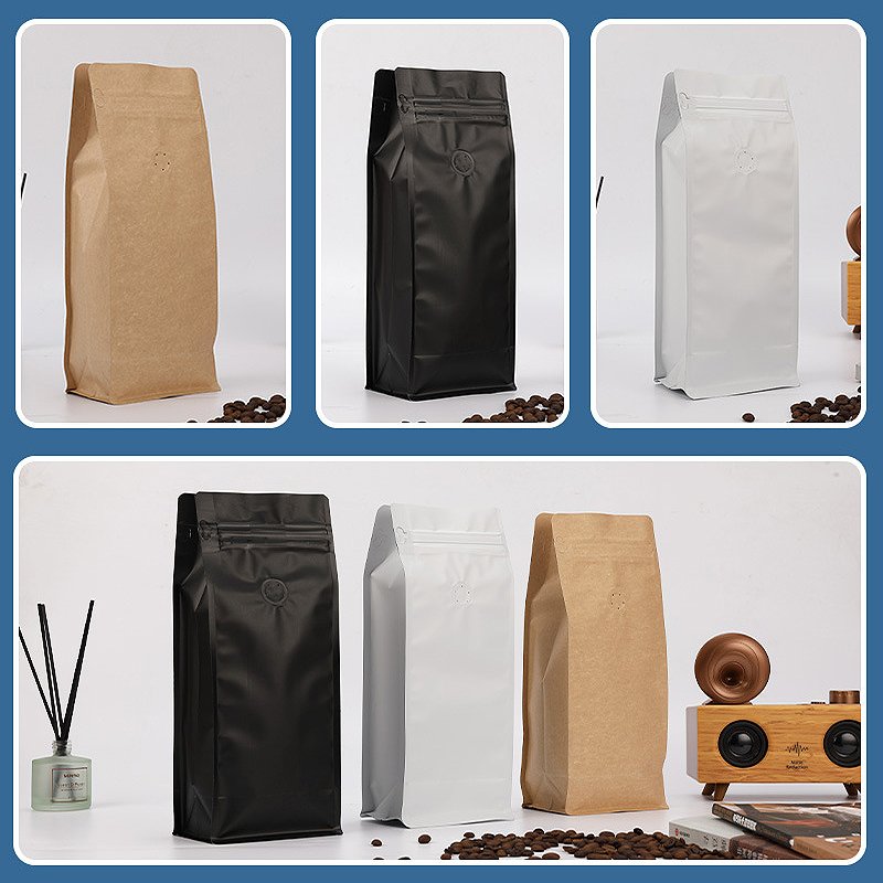 In stock food-grade 8 side seal Flat bottom pouch aluminum foil 8oz 250g Tea coffee bean packaging bag bag with valve and zipper