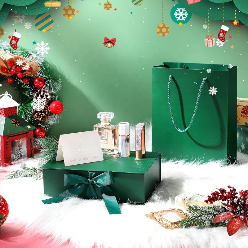 Foldable Packaging Magnetic Gift Box with Ribbon and Paper Bags for Present Luxury Kraft Weddings Christmas Custom Logo Green