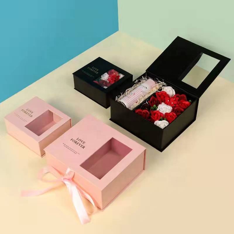 Creative Valentine's Day Paper Gift Box Jewelry Ring Necklace Immortal Forever Eternal Roses Flower Gift Packing Box