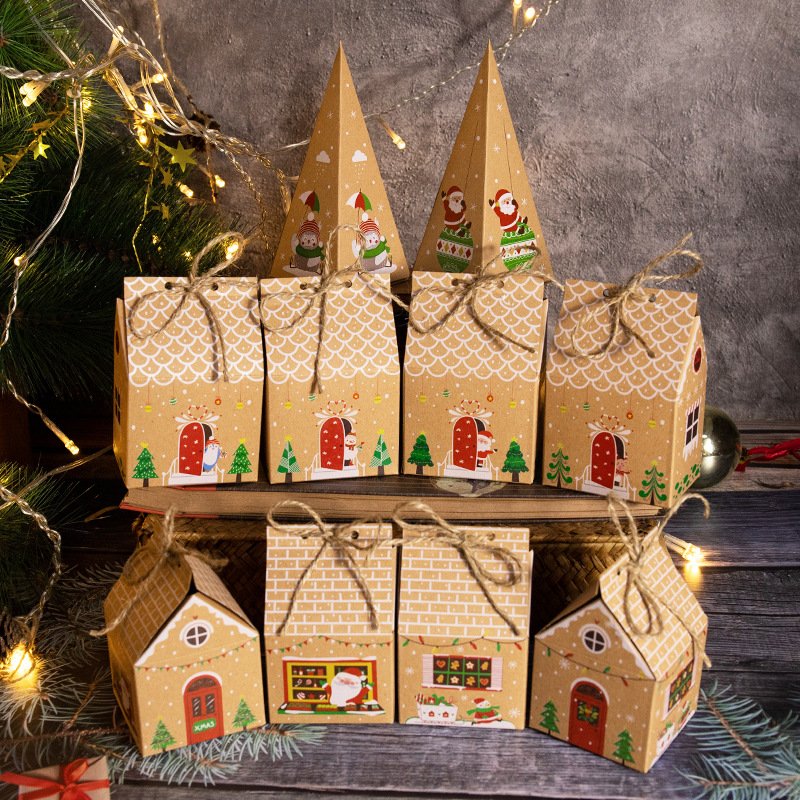 Christmas House Candy Box Retro Gingerbread House Party Packaging Paper Box Kraft Gift Decorative Box with String