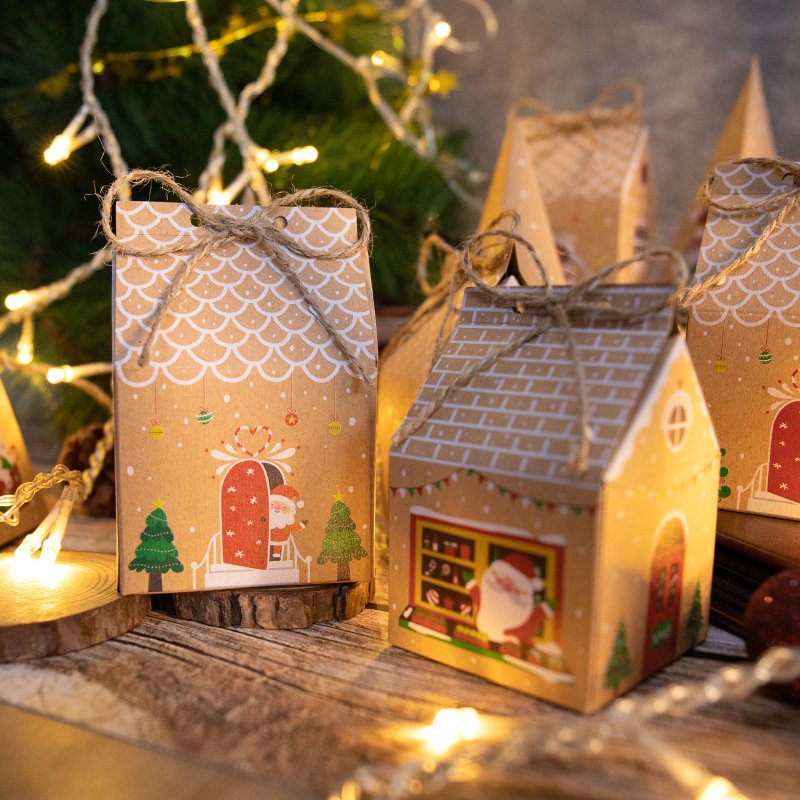 Christmas House Candy Box Retro Gingerbread House Party Packaging Paper Box Kraft Gift Decorative Box with String