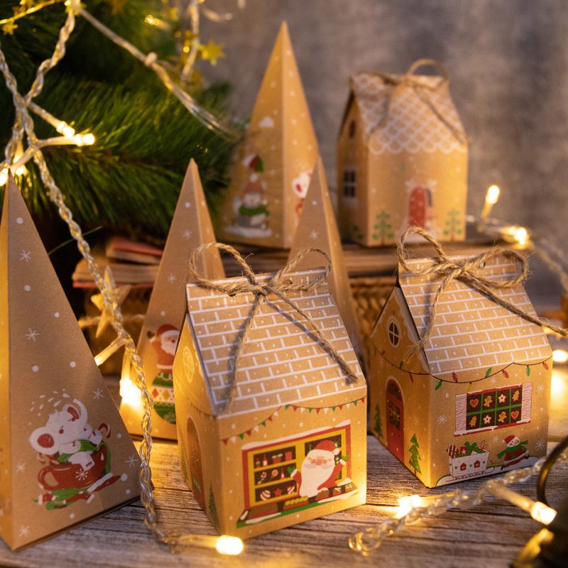 Christmas House Candy Box Retro Gingerbread House Party Packaging Paper Box Kraft Gift Decorative Box with String