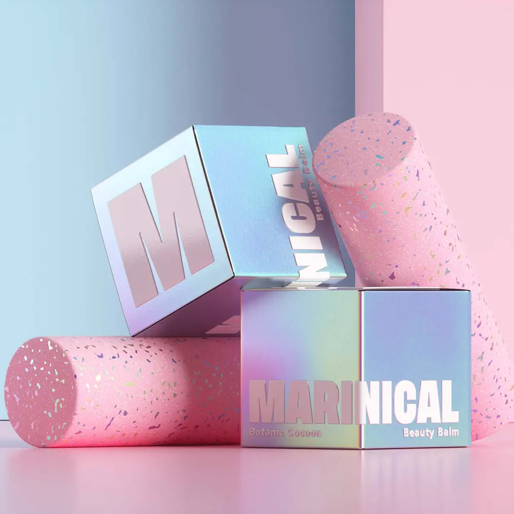 Holographic shiny Lipstick Box Holographic Pink Coated Paper Box Cosmetic Packaging Paper Box with clear Window
