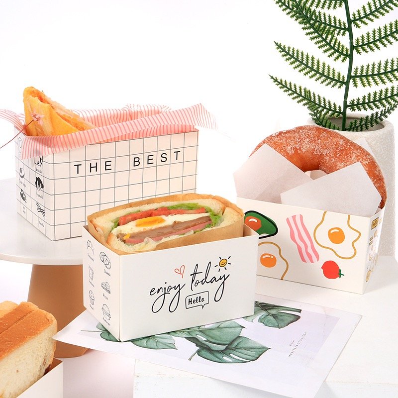Custom Kraft Box Sandwich Takeaway Packaging Box Breakfast Bread Dessert Bakery Wrap Pastry Paper Holder Hamburger Food Box