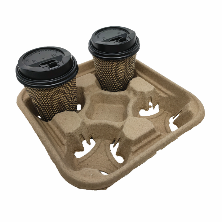 Design customized disposable 2 and 4-cup drink carriers biodegradable fiber pulp take away craft paper cup holder
