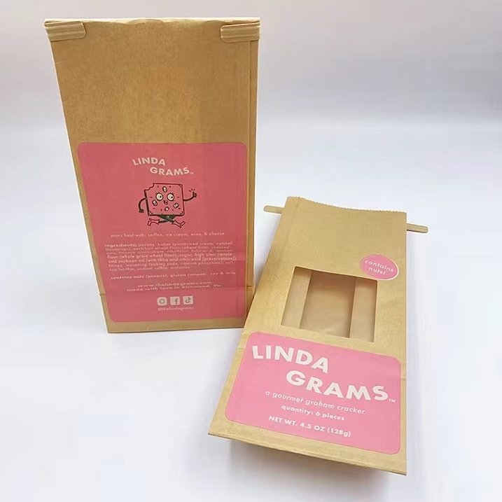 Custom Front Window Kraft Paper Pink Logo Printed Tortilla Chip Bag 1lb 2lb Tin Tie Bags for Packaging Cookie Cracker Bag