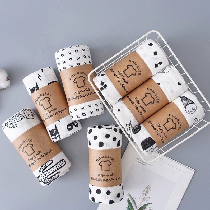 Swaddle Packaging Custom Printed Eco Friendly Brown Kraft Paper Sleeve Muslin Blanket Baby Swaddle Belly Band Packaging