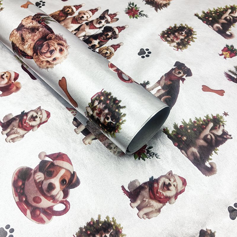 Promotion silver 50-70Cm christmas packaging paper print cute dog gift tissue wrapping paper papel para envolver regalos