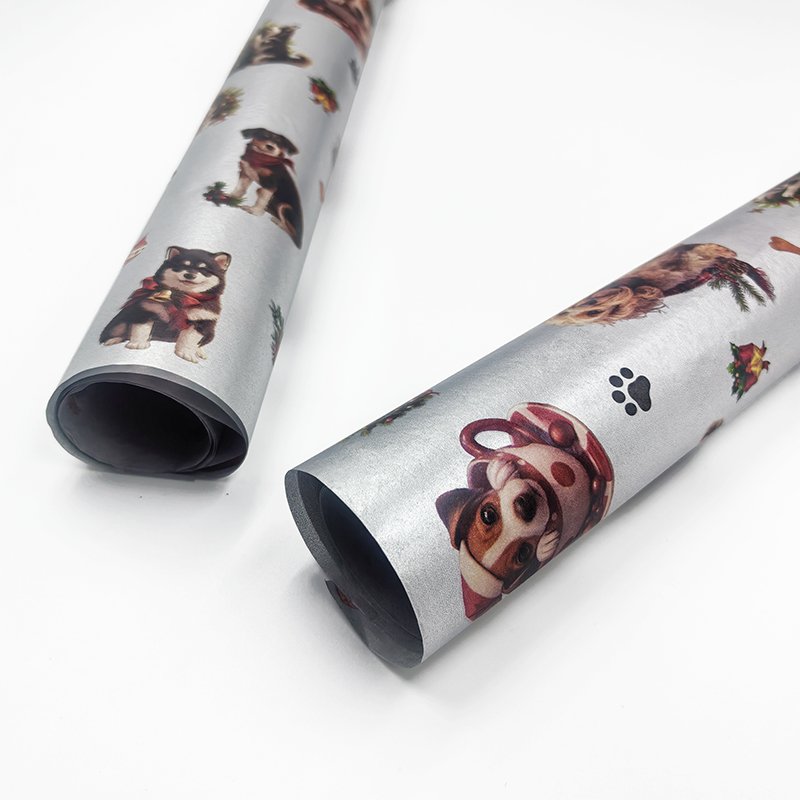 Promotion silver 50-70Cm christmas packaging paper print cute dog gift tissue wrapping paper papel para envolver regalos