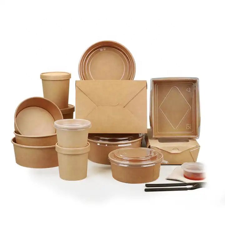 Disposable Take Away Kraft Paper Salad Bowl with PET Lid Kraft Paper Bowl