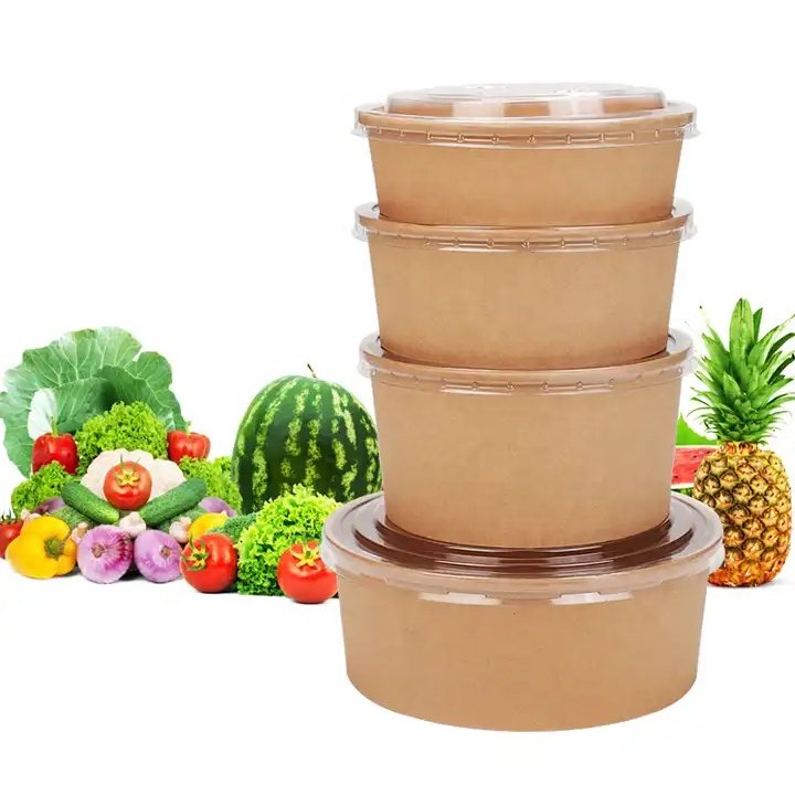 Disposable Take Away Kraft Paper Salad Bowl with PET Lid Kraft Paper Bowl