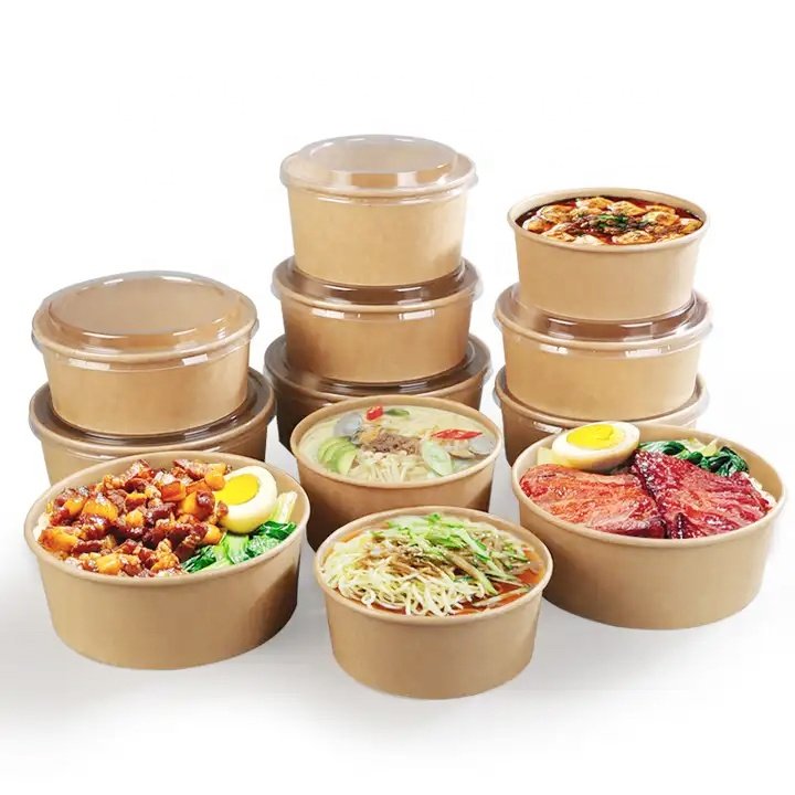 Disposable Take Away Kraft Paper Salad Bowl with PET Lid Kraft Paper Bowl