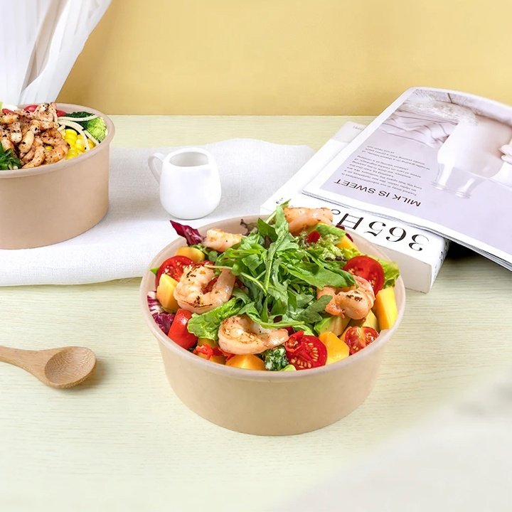 Disposable Take Away Kraft Paper Salad Bowl with PET Lid Kraft Paper Bowl