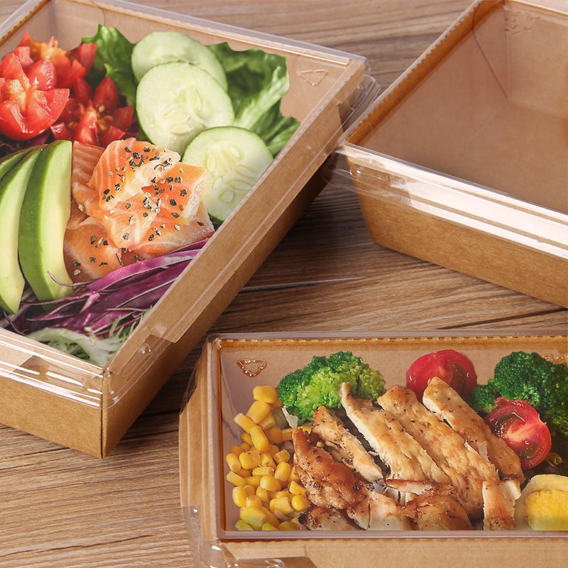 Disposable recycle kraft paper food lunch packaging box with compartment Anti-fog PET Lid /Salad takeaway pack boxes
