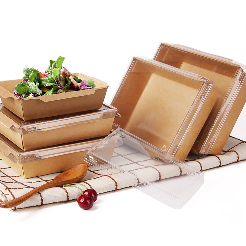 Disposable recycle kraft paper food lunch packaging box with compartment Anti-fog PET Lid /Salad takeaway pack boxes
