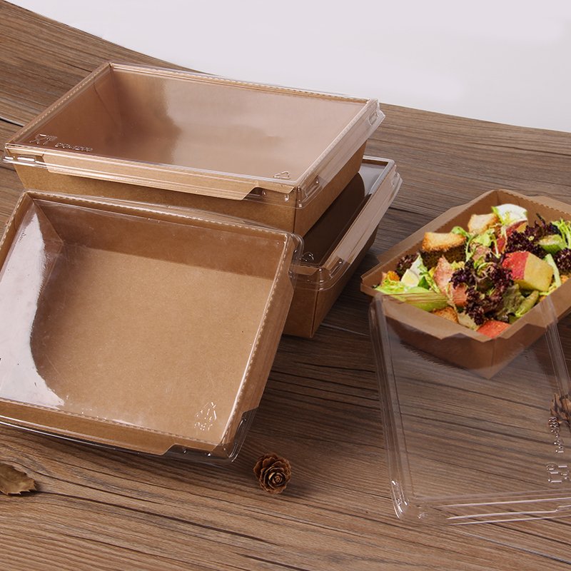 Disposable recycle kraft paper food lunch packaging box with compartment Anti-fog PET Lid /Salad takeaway pack boxes