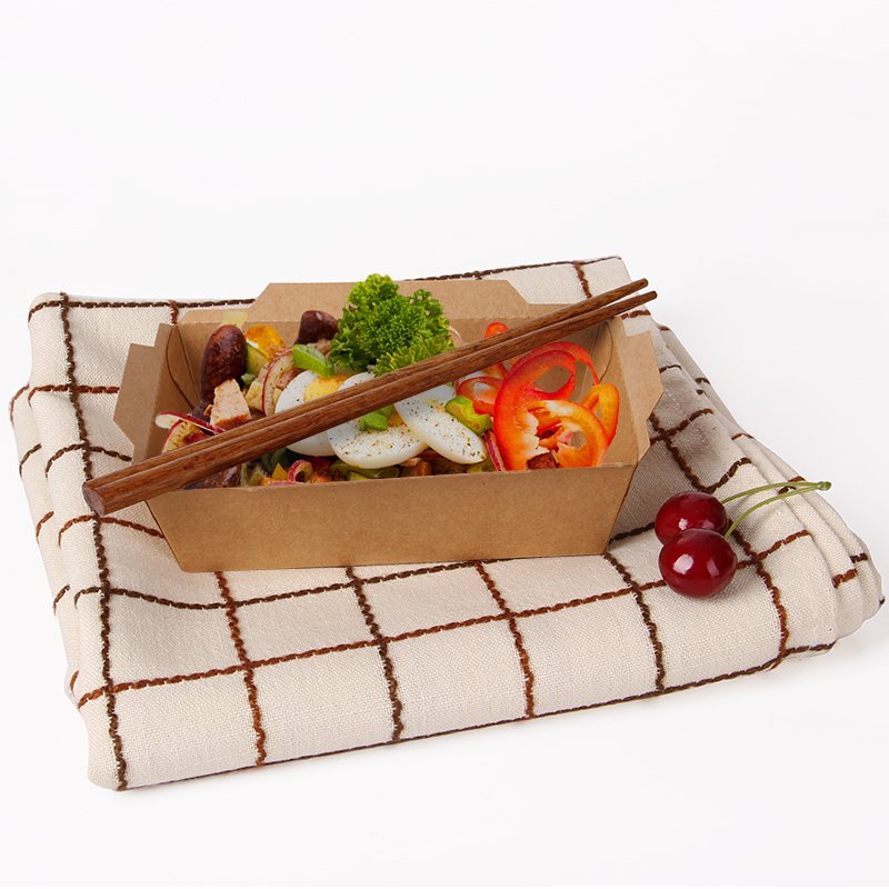 Disposable recycle kraft paper food lunch packaging box with compartment Anti-fog PET Lid /Salad takeaway pack boxes