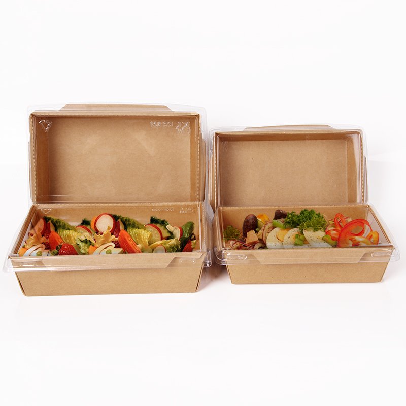 Disposable recycle kraft paper food lunch packaging box with compartment Anti-fog PET Lid /Salad takeaway pack boxes