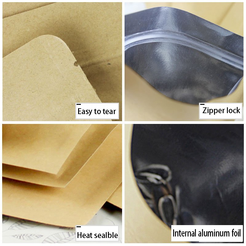 Kraft Paper Vacuum Sealable Bags Mylar Heat Seal Pouches for Sample Food Storage Packaging with Tear Notches