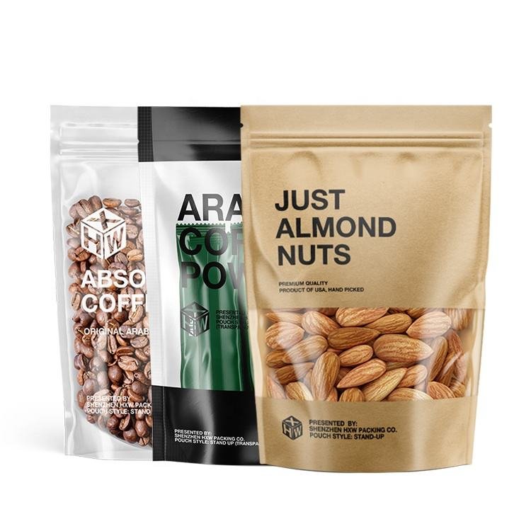 Custom Printed Food Packaging Bag Ziplock Kraft Paper Coffee Snack Nuts Stand Up Pouch With Zipper And Window