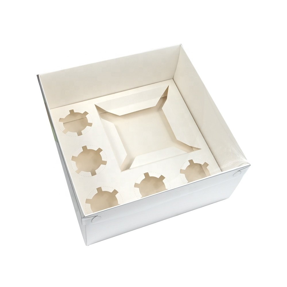 XJH 5 Hole Cupcake Pastry Bakery Packaging Paper Cake Donuts Gift Windows Clear Lid Cupcake Food Donuts Bento Cupcake Boxes