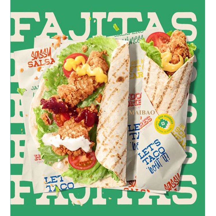 Custom printed food grade deli pita taco tortilla wraps packaging paper greaseproof BBQ chicken burritos wrapping paper krafts