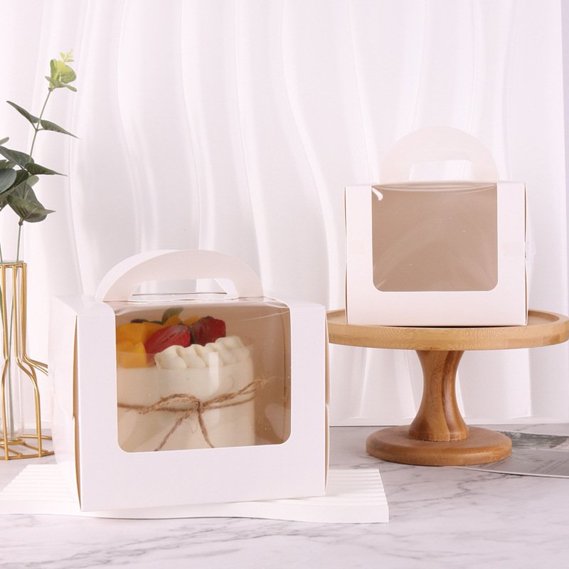 Wholesale Pure White Design Handheld Open Window Cake Box 3/4/6 inch Birthday Cake Carton Bakery Food Packaging Boxes