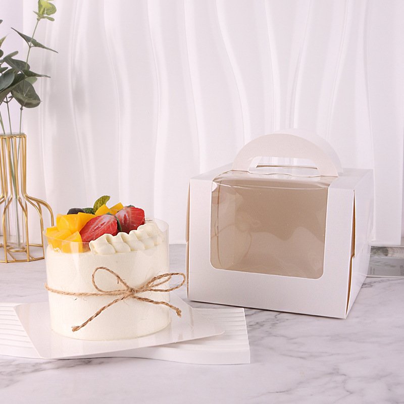 Wholesale Pure White Design Handheld Open Window Cake Box 3/4/6 inch Birthday Cake Carton Bakery Food Packaging Boxes