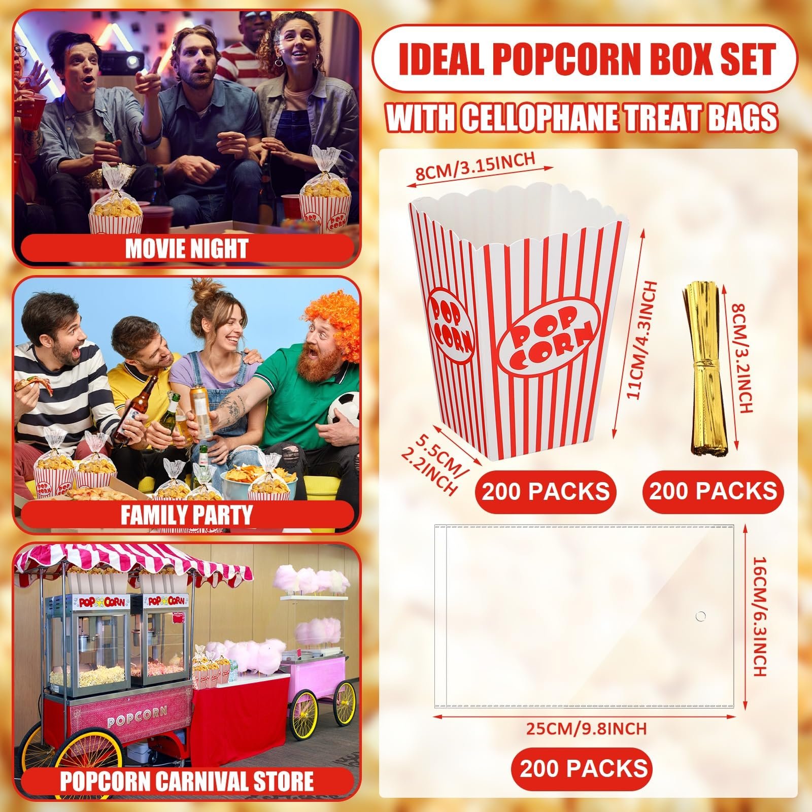 Candy Paper Popcorn Containers Mini Popcorn Boxes and Clear Treat Bag Set for Movie