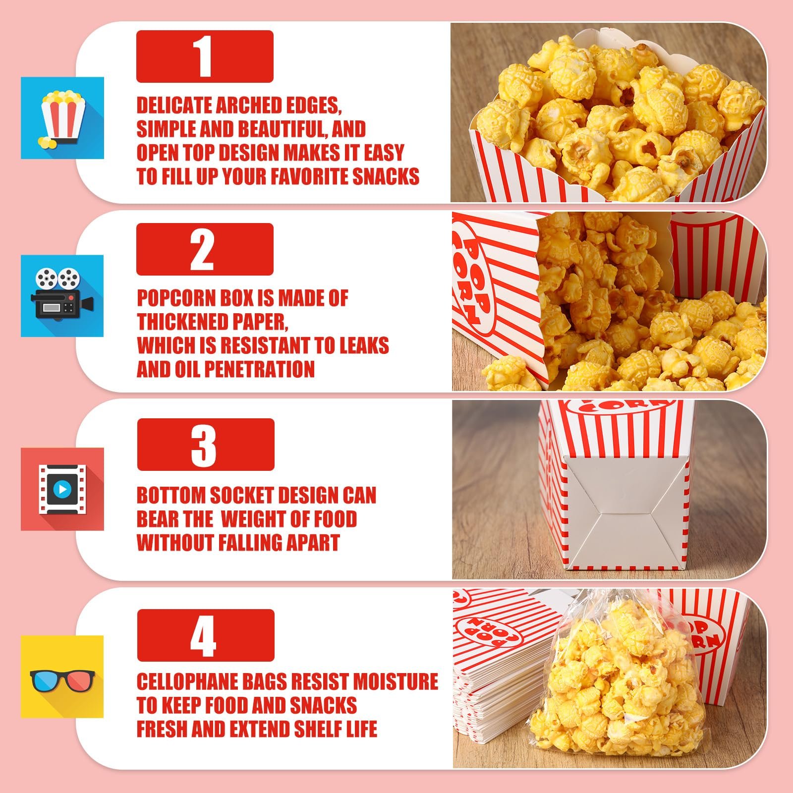 Candy Paper Popcorn Containers Mini Popcorn Boxes and Clear Treat Bag Set for Movie