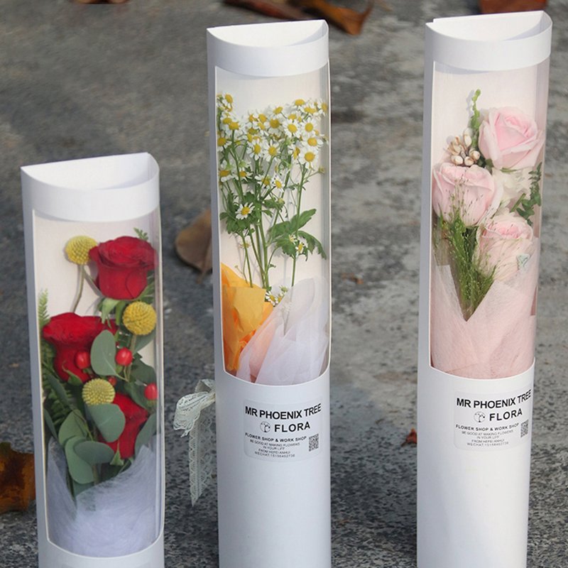 Cheap simple waterproof paper flower box with fresh rose party flowers round cardboard packaging box