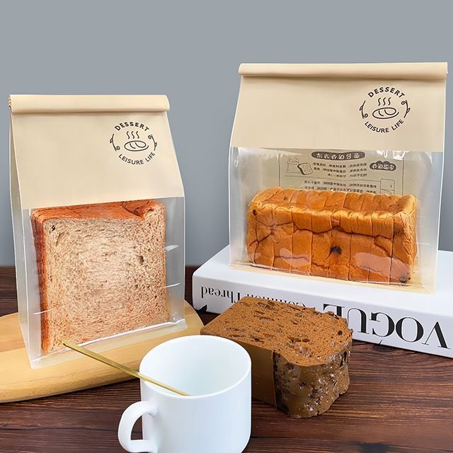 Custom Bread Paper Bags Food Bread Packaging Flat Bottom Pouch Clear Window Plastic Bread Bag Packaging