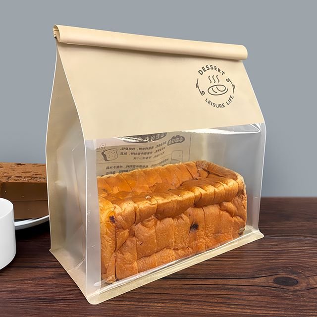 Custom Bread Paper Bags Food Bread Packaging Flat Bottom Pouch Clear Window Plastic Bread Bag Packaging