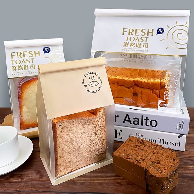 Custom Bread Paper Bags Food Bread Packaging Flat Bottom Pouch Clear Window Plastic Bread Bag Packaging