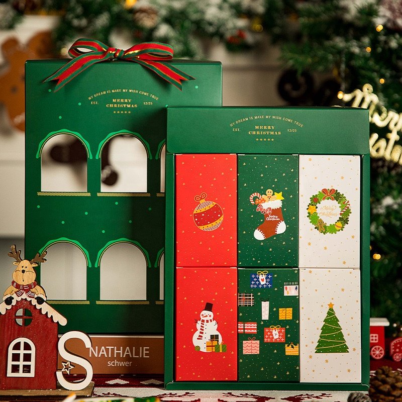 Box printing merry christmas crackers 6pcs blind advent calendar cookie candy chocolate paper gift packaging boxes with window