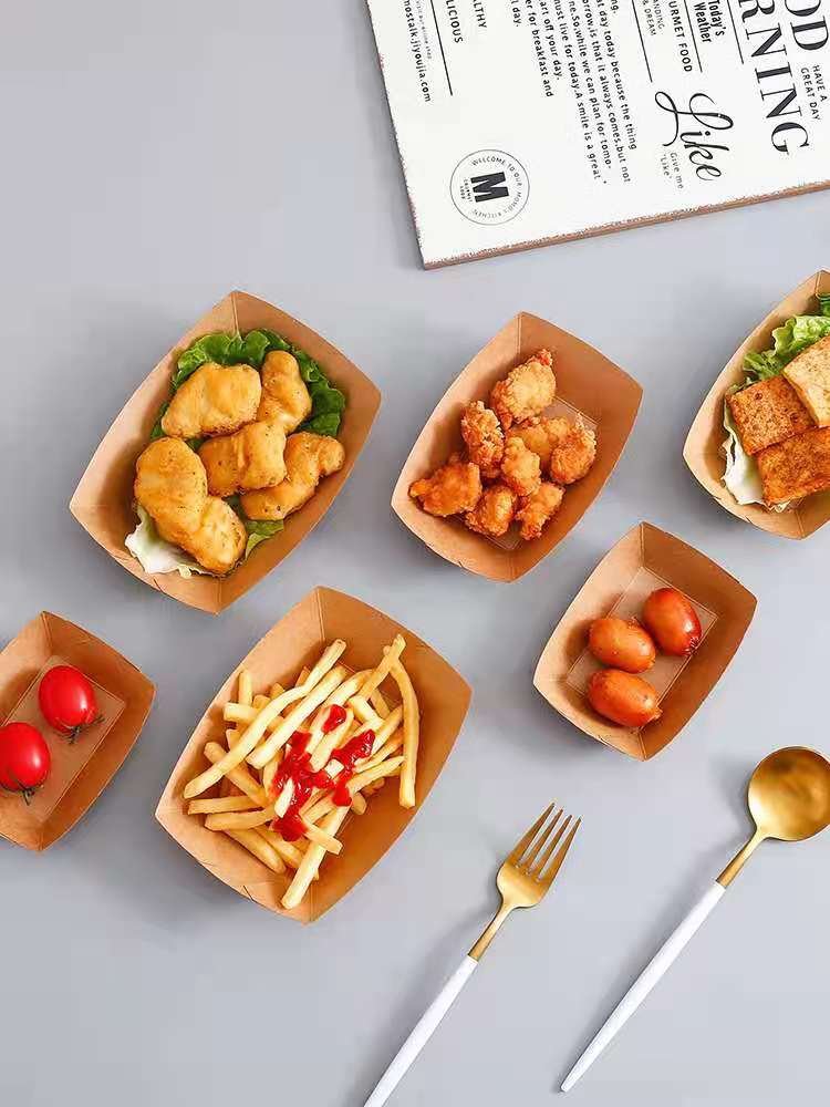 Factory outlet Kraft Paper Food Packaging Box Boat Shape Tray For Restaurant