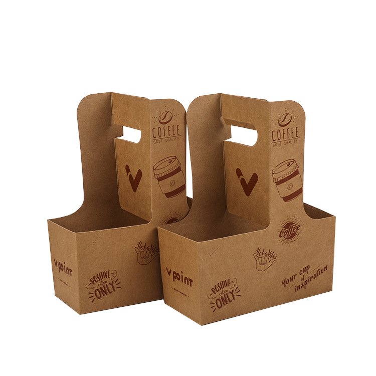 Eco Friendly Custom logo Kraft Paper To Go Coffee Cup Drink Carriers 2 4 6 Pack Paper Cup Holder with Handle