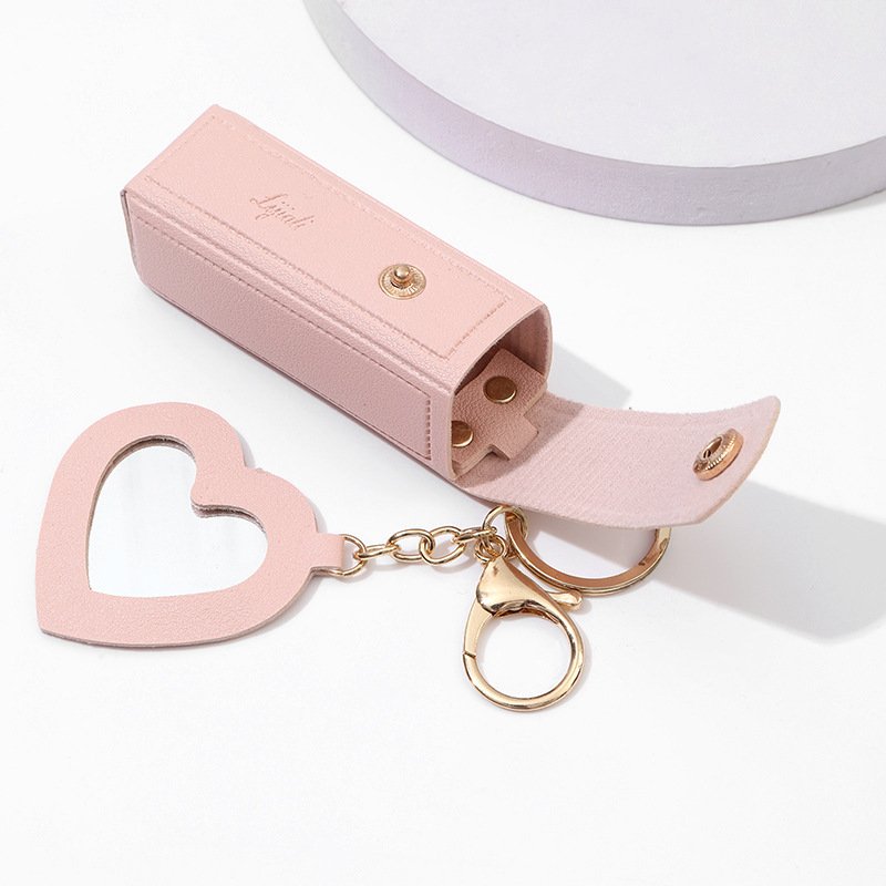 Fashion trend Portable key chain lipstick Case bag Heart-shaped mirror Cosmetics bag Leather mini storage case
