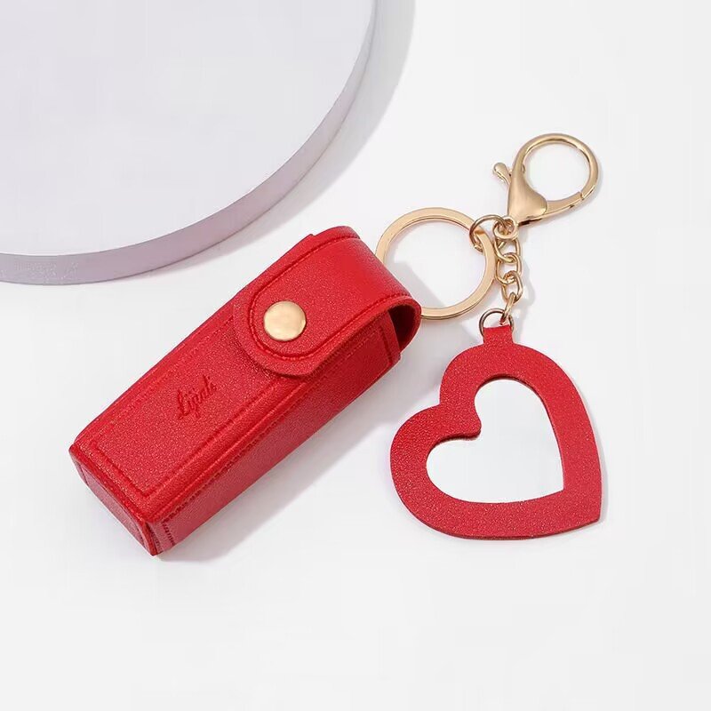 Fashion trend Portable key chain lipstick Case bag Heart-shaped mirror Cosmetics bag Leather mini storage case